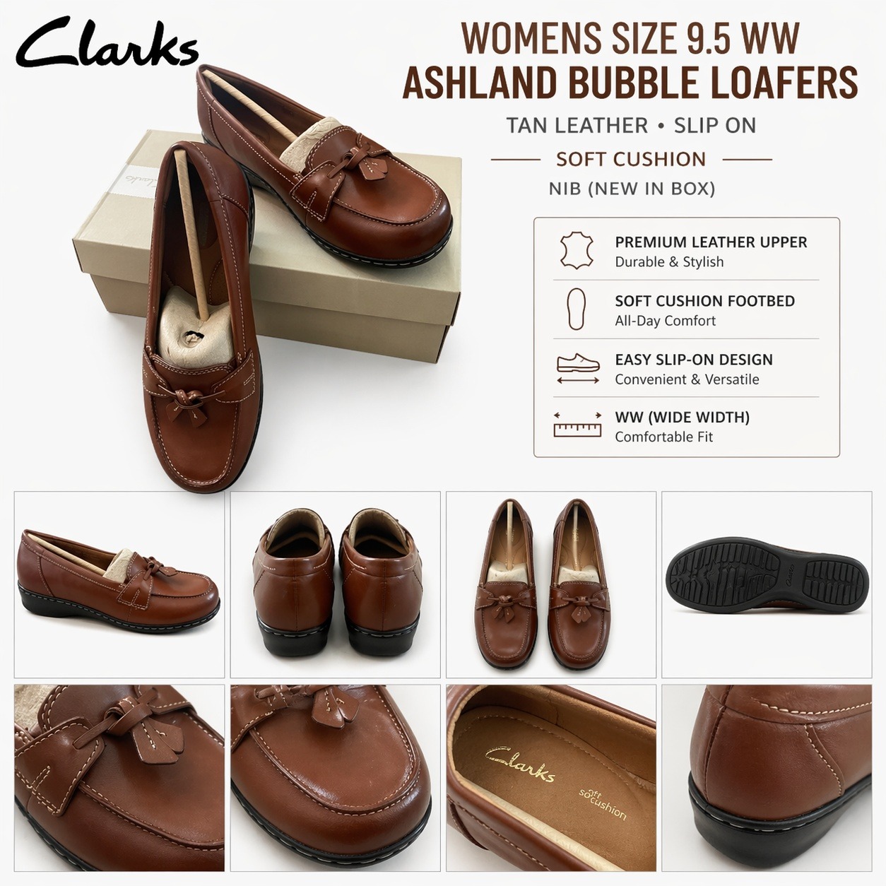 Clarks Ashland Bubble Tan Leather Loafers Bow Detail Extra Wide 9.5 Ww New